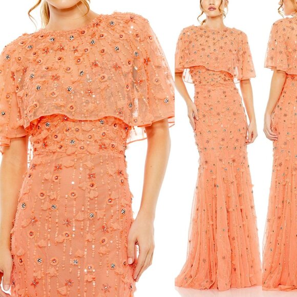 NWT $698 Mac Duggal 10 Embellished Cape Sleeve Trumpet Gown in Coral Oran… - Picture 1 of 12